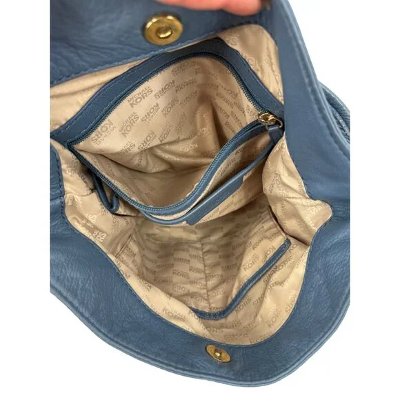 Michael Kors Pushlock Blue Leather Shoulder Bag Gold-Tone Hardware Front Pocket - Picture 11 of 14